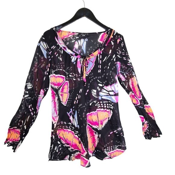 Lindex Black Butterfly Scoop Neck Long Sleeve Gauzy Top Swim Cover up - Picture 1 of 8
